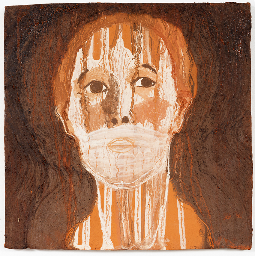 Portrait of a woman II (2015), Painting with Te Henga black sand, Tasman red stone, Long Bay white and yellow clay, Te Matuku clay and Cory Road clay on Matakana clay, 26 x 26 cm. Photo: Samuel Hartnett.